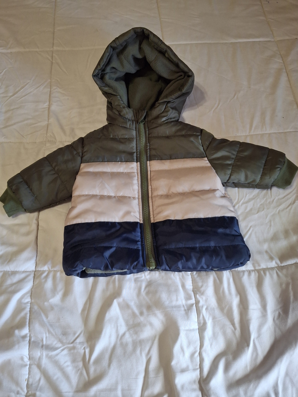 Toddler Colorblock Puffer Jacket with Hood - Olive, Cream & Navy